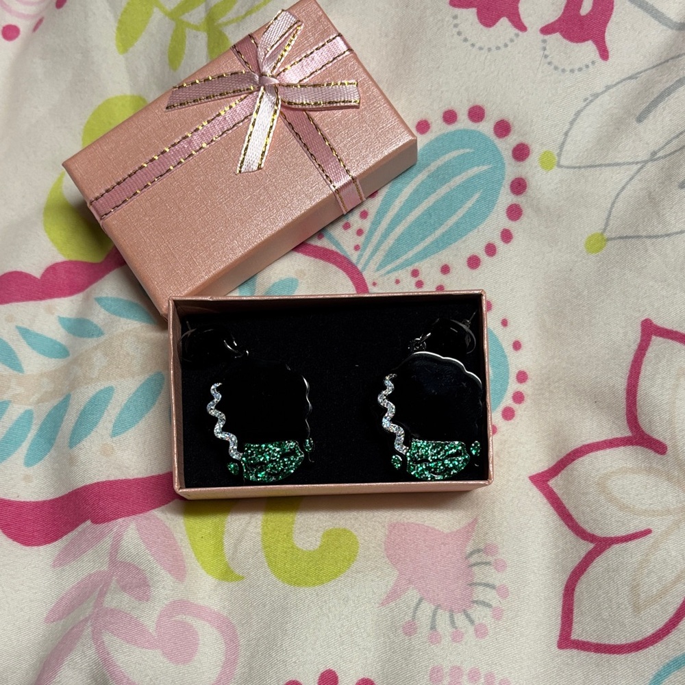 Cool Halloween Earrings with Green Glitter lady Frankenstein